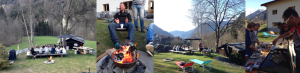 A collections of pictures in Verbier people are enjoying a BBQ after a great day of mountain biking