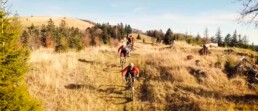 4 mountainbikers jagen elkaar op terwijl ze over het gele gras lanfschap rijden in de vogezen